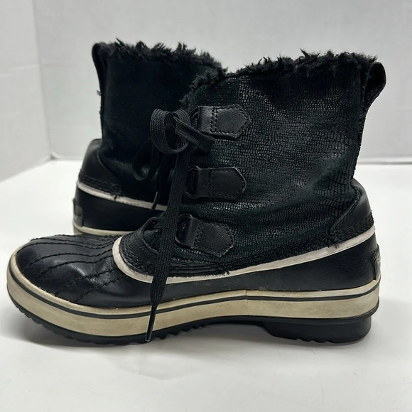 Sorel Tivoli Boots Snow Winter Leather Faux Fur Waterproof Black Womens Size 6 - Picture 3 of 9